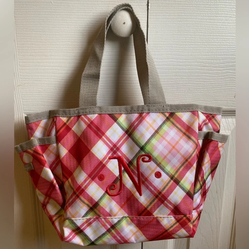 thirty-one Pink Plaid “Mad for Madras” Mini Tote- Red Monogrammed N - Picture 1 of 5